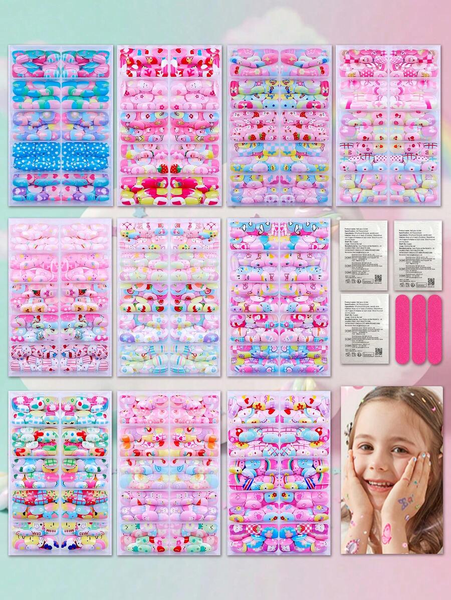 NAIO 120-Piece Pack (5 Styles) Of Children's Press-Type False Nails, Acrylic Material, Full Coverage, Cute Cartoon Rainbow Heart Glossy Press-Type False Nail Set, Short Oval False Nail Set, Comes With 3 Pieces Of Tape And 3 Nail Files. - Multicolor - View 1