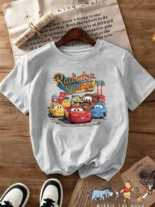 Breathable Cotton Disney Fan Tee | "Cars Radiator Springs" Lightning McQueen & Friends Print | Whimsical Short-Sleeve Tee - 灰色 - 查看 1