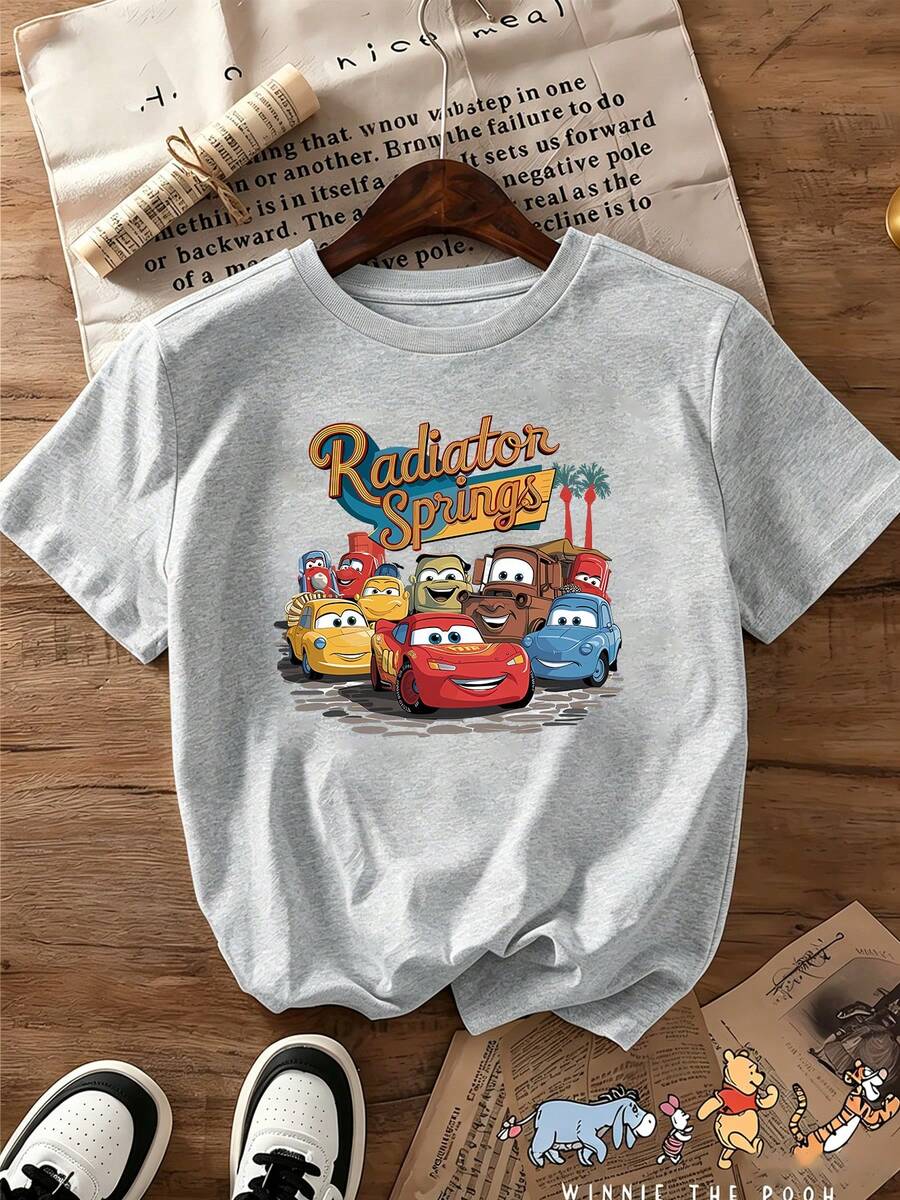 Breathable Cotton Disney Fan Tee | "Cars Radiator Springs" Lightning McQueen & Friends Print | Whimsical Short-Sleeve Tee - 灰色 - 查看 1