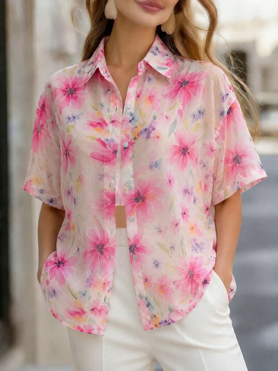 女士宽松休闲印花半透明粉色衬衫,夏季休闲上衣,休闲服饰,沙滩风,夏季新款 - 彩色 - 查看 1
