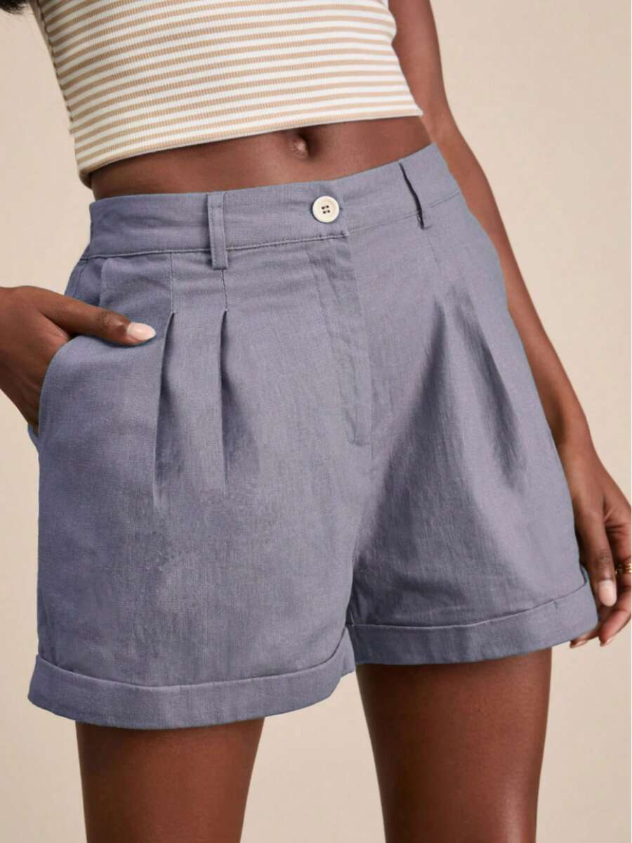 Women's Fashionable Casual Elegant Solid Color Button Shorts Summer - Mauve Purple - View 1
