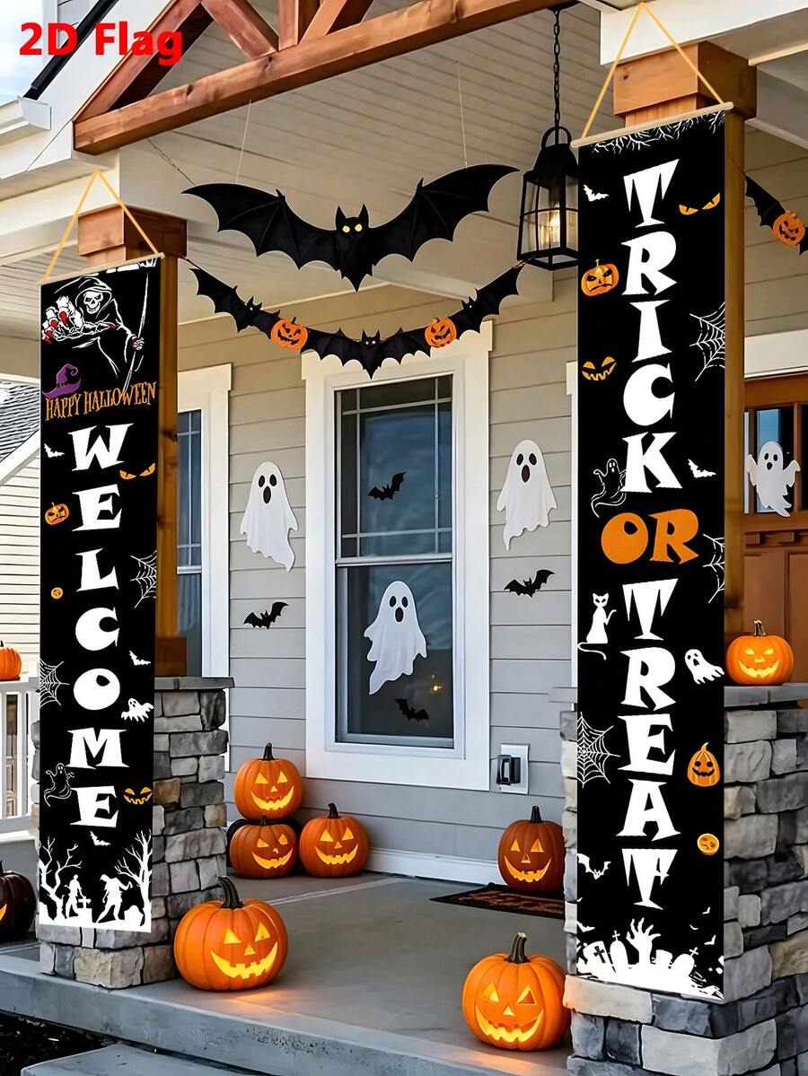 2pcs Halloween Porch Hanging Flags (35 X 180cm) – Polyester Material, Printed With Pumpkin, Skull, Ghost, Bat, Spider Web And Black Cat Patterns; "Happy Halloween" Vertical Yard Flags, Suitable For Front Door And Party Entrance