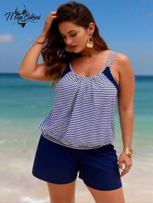 Plus Size Women's Summer Vacation Chic Classic Stripe Print Double Spaghetti Strap Ruched Round Neck Tankini Top With Pocketed Boyshort Bottoms, Two Piece Summer Bikinis Swimsuits Outfits For Women Family Beach Trip Poolside Hangout Cruise Holiday - 彩色 - 查看 6