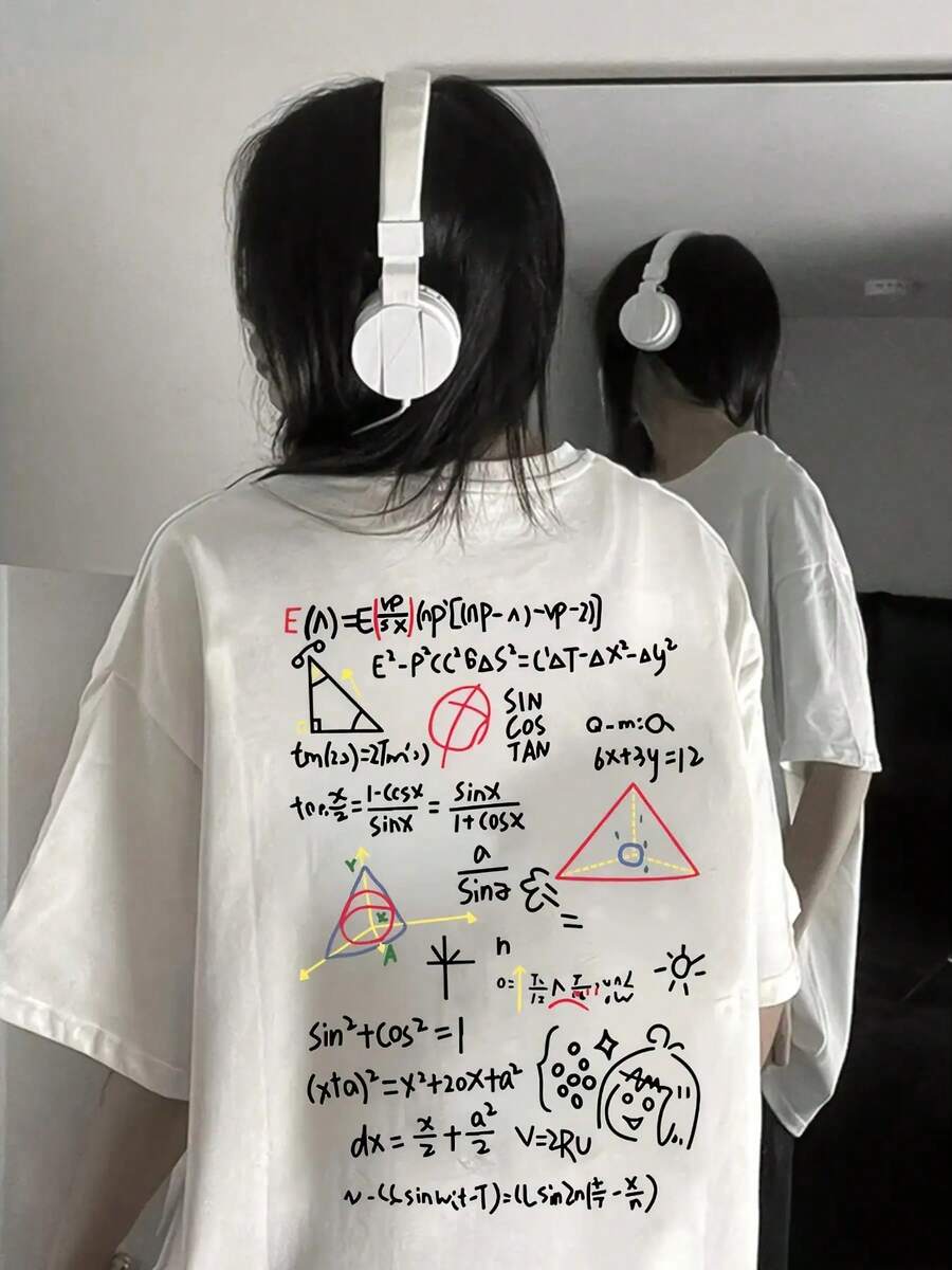 Cute Y2K Summer Top. 1 Pack. Cute Y2K Summer Top. 100% Cotton. Y2K Style Math Equation Print T-Shirt - Casual Round Neck, Short Sleeves, Loose Fit, Stretch Fabric Top For Women - Summer T-Shirt With Math Formulas And Symbols. Perfect For A Casual Look. - 白色 - 查看 1
