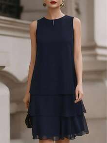 Velvienne Vestido elegante sin mangas con dobladillo de gasa transparente y multicapa para mujer de talla grande - Azul marino - Ver 1