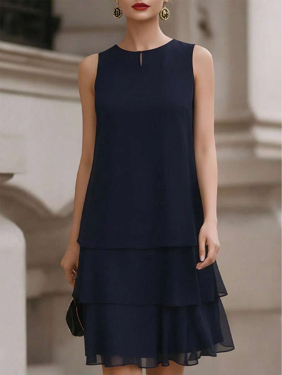 Velvienne Vestido elegante sin mangas con dobladillo de gasa transparente y multicapa para mujer de talla grande - Azul marino - Ver 1
