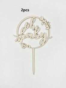 2/5pcs Oh Baby Cake Toppers - Wooden Baby Shower Cake Decor, Suitable For Rustic Gender Reveal Theme Baby Shower Cake Toppers - Khaki - View 9