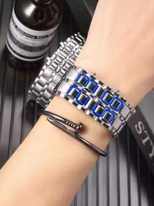 2pcs/Set Fashionable New Business Men's Stainless Steel Strap LED Electronic Watch Suitable For Daily Decoration - Silver - View 8