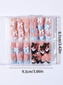 96片/組 杏仁形白色、藍色、黑色法式穿戴式指甲，珍珠與蝴蝶結裝飾，經典款，易穿戴易卸除 - 彩色 - 查看 5