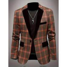 Men's Fashion Plaid Slim Fit Blazer, Button Closure, Long Sleeve, Regular Length, Casual Style Menswear Suits Formal Wetsuit Business Casual Outfits Checked Navy Blue - 棕色 - 查看 3