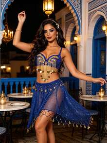 Bohemian Coin Halter Top & Sequin Mesh Skirt, Handcrafted Festival Wear For Fusion, Exotic Events, Moroccan-Themed Parties And Renaissance Faires (Multiple Colors Available) - Multicolor - View 11