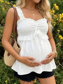 Maternity Vacation Casual Solid Color Ruffle Trim Camisole Loose Fit Summer Nursing Tank Top - White - View 2