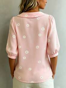 2026 New Elegant Casual Pink Daisy Print Puff Sleeve 3/4 Sleeve Blouse, French Peter Pan Collar Button Down Shirt, Lightweight Breathable Summer Wear, Versatile For Work, Commute, Daily Dates, Fashion Slimming Women's Clothing - Pink - View 7