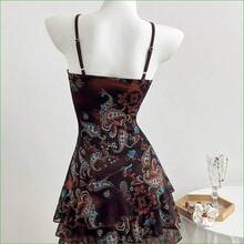 . .  Vestido de mujer, estampado de flor de anacardo y malla con contraste de colores, para resort - Azul marino - Ver 3