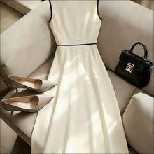 Vestido decorativo de bloque de color negro y blanco de diseño de nicho de alta gama francés, versátil y sexy para mujeres, vestido de fiesta elegante, atuendo de resort para mujeres, atuendo del Día de San Valentín para mujeres, vestido blanco y negro para mujeres, vestido de primavera/verano, atuendo de playa, vestido de bloque de color para mujeres - Blanco y Negro - Ver 3