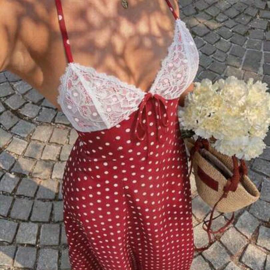 Vestido largo con estampado de lunares negros, encaje y parches, escote en V, cuello halter, espalda descubierta, cintura con lazo, para mujer, primavera/verano, elegante para vacaciones/citas/invitada de boda, uso diario minimalista - Burdeos - Ver 1