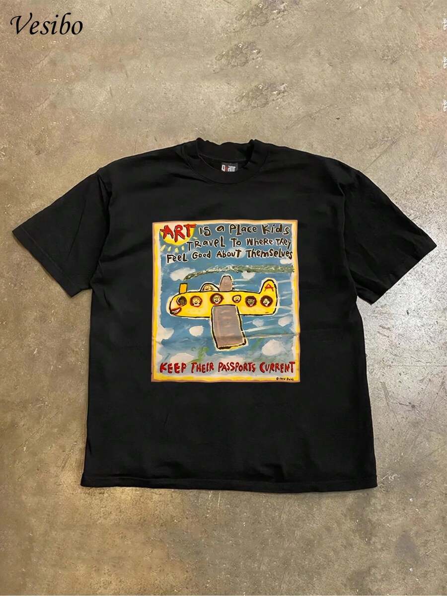 Cute Y2K Summer Top. 1pac. Cute Y2K Summer Top. 100% Cotton Crew Neck T-Shirt With Creative And Fun Pattern, Pure Cotton Short Sleeve, Casual Everyday Style, Perfect For A Casual Look. - 黑色 - 查看 1