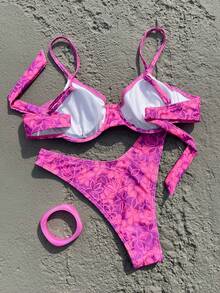 HOTTIE HABIT Set Bikini Wanita Elegan Berkilau Motif Bunga Ungu dengan Kawat Penyangga, Bawahan Potongan Tinggi, Cocok untuk Musim Panas - MultiWarna - View 7