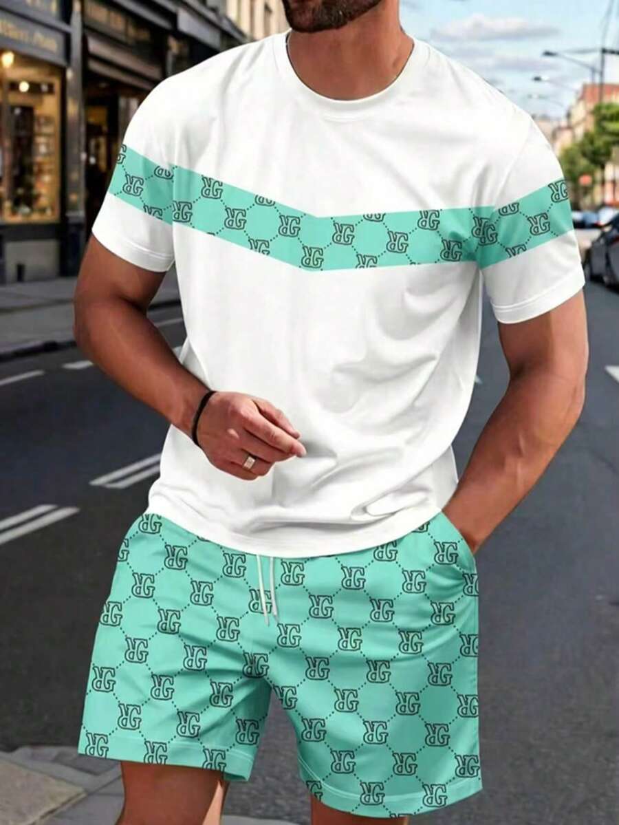 Men's Letter Print Short Sleeve T-Shirt And Shorts Set - Mint Blue - View 1