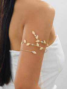 1pc Summer Beach Vacation Style Multi-Layer Leaf Design Sparkling Leaf Arm Cuff For Women, Unique Niche Design - Golden - View 1