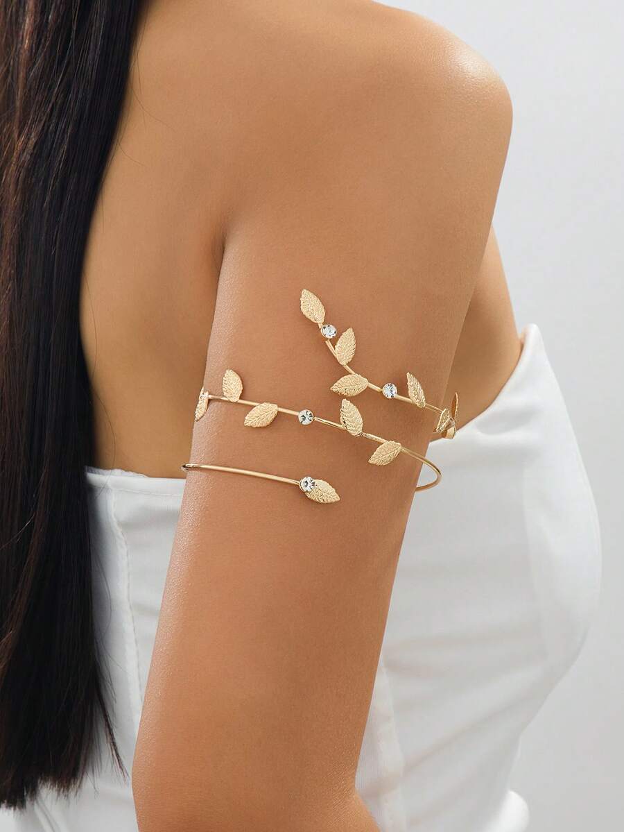 1pc Summer Beach Vacation Style Multi-Layer Leaf Design Sparkling Leaf Arm Cuff For Women, Unique Niche Design - Golden - View 1