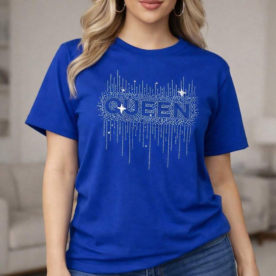 Camiseta Gráfica con Pedrería para Mujer, Manga Corta, Tallas 0XL-5XL, Camiseta Casual de Algodón de Manga Corta, Estampado de Letras Brillantes, Corte Holgado, Camisetas Básicas Negras para Uso Diario, Moda Urbana, 100% Algodón - Azul - Ver 1