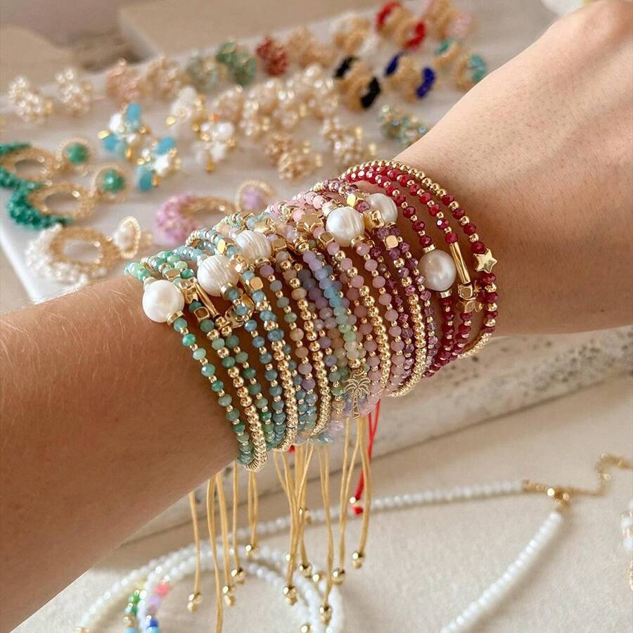 3-Multilayer Bracelet Multi-Color Crystal Seed Bead Adjustable Bracelet Freshwater Pearl Gold Plated Leaf Charm Braided Cord Lucky Boho Jewelry For Women Daily Festival Gift - Multicolor - View 1