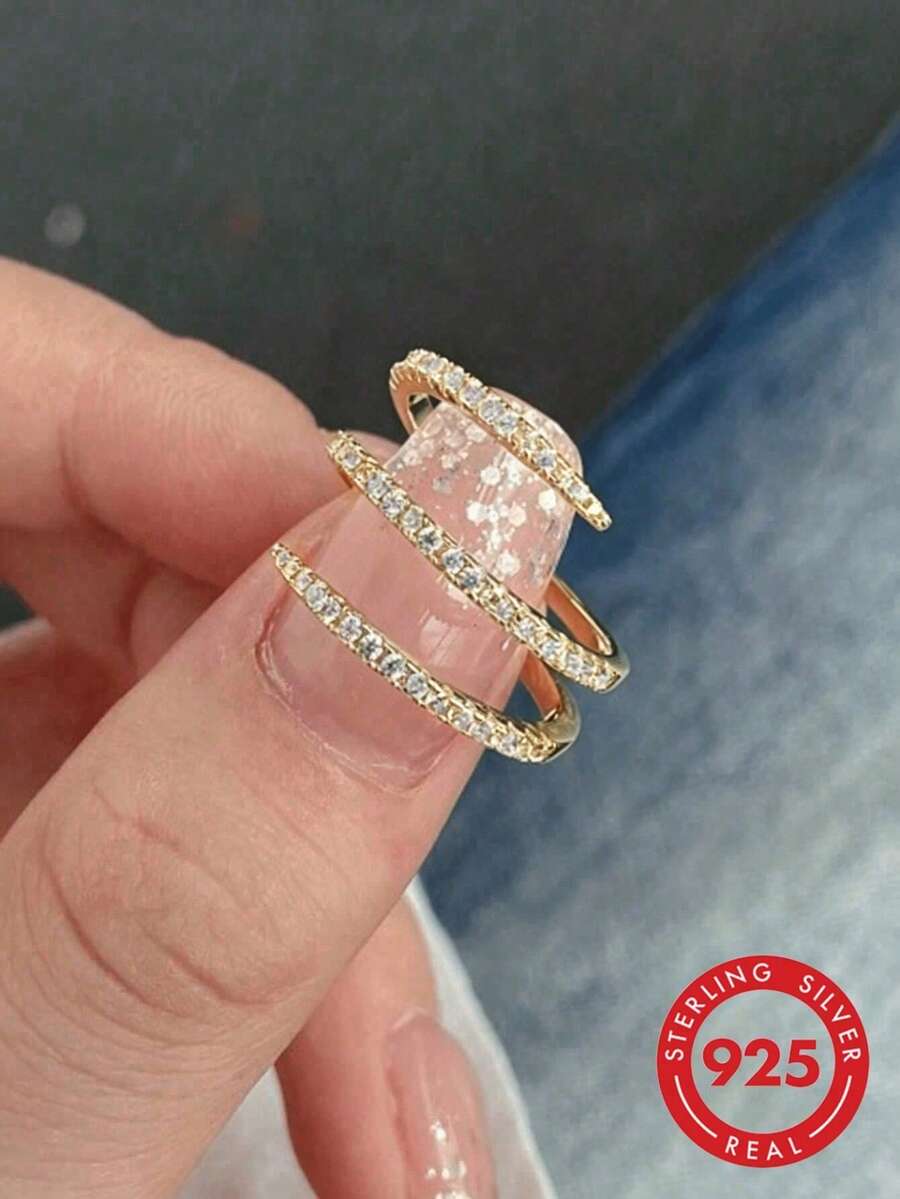 1件 925純銀三圈全鑽戒指 女款，適合日常配戴，亦可作為派對飾品或禮物