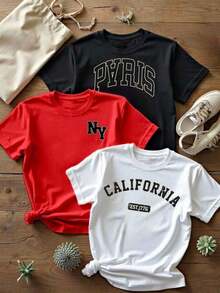 Paquete 1 camisetas estampadas mujer corte  manga corta cuello redondo tshirt playera dama gráfico diseño urbano universitario ciudades Paris Nueva York California - Blanco - Ver 1