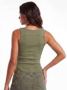 Women's Ribbed Tank Tops Stylish Sleeveless Camisole With Metal Buckle Straps And Curved Hemline - Army Green - View 6