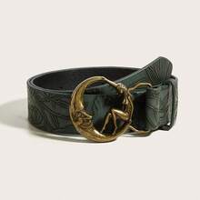 1pc Women's Retro Moon Circle Buckle Velvet Belt, Suitable For Daily Wear - Retro Blue - View 6