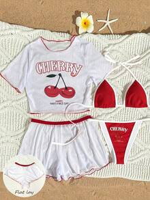 Bộ 4 món bikini nữ thắt nơ trước in quả anh đào co giãn cao kèm áo khoác ngoài, phong cách ngọt ngào dễ thương cho kỳ nghỉ, tiệc tùng, bãi biển mùa hè - Đỏ - Xem 3