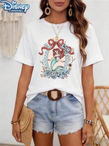The Ariel Disney-Themed Double-Sided Shirt, Women's Casual Round Neck Short Sleeve T-Shirt, Suitable For Spring/Autumn/Summer Wear, Loose Fit For Various Body Types, An Ideal Choice For Occasions Such As Holiday Attire, Vacation Wear, Festive Clothing, And Office Wear. - White - View 5