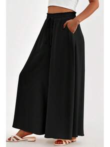 [Free Shipping]Women Wide Leg Pants Casual High Waist Floral Palazzo Pants For Women Flowy Lounge Boho Beach Trousers Pockets Women's Wide Leg - 黑色 - 查看 3