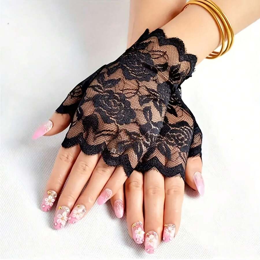 2pcs/Set Women's Lace Fingerless Gloves, Decorative Lace Gloves For Short Dance Performance, Fashionable Breathable, Daily Decorative Style - Multicolor - View 1