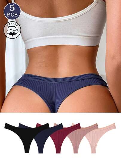 Bộ 5 chiếc quần lót dây gợi cảm bằng cotton màu trơn dành cho nữ, kiểu dáng tối giản, thoải mái, không đường may, co giãn và thoáng khí.