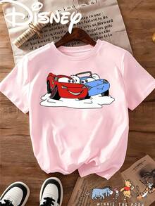 Breathable Cotton Disney Fan Tee | "Cars Lightning McQueen & Sally" Sweet Couple Print | Short-Sleeve Shirt - 粉色 - 查看 1