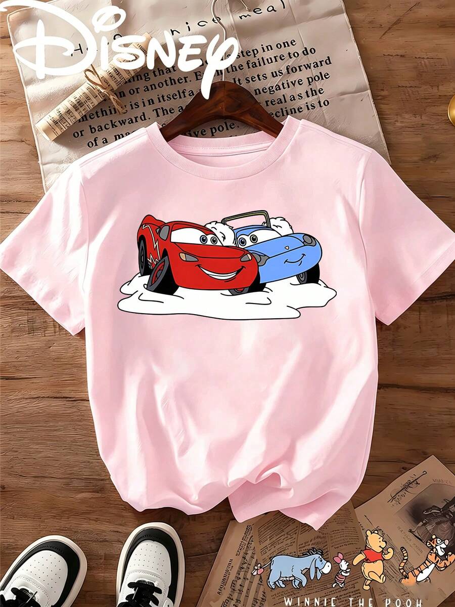 Breathable Cotton Disney Fan Tee | "Cars Lightning McQueen & Sally" Sweet Couple Print | Short-Sleeve Shirt - 粉色 - 查看 1