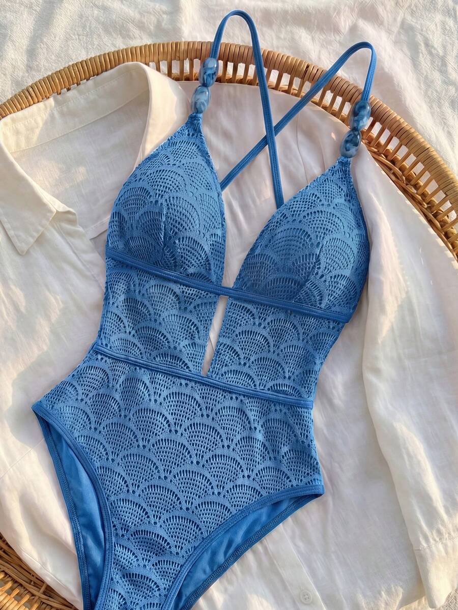 Bikinx Women's Shell-Shaped Perforated Textured Fabric V Neck One Piece Swimsuit With Bead Detail For Summer Vacation Beach - Blue - View 1