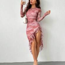 PETITE Vestido de fiesta asimétrico con abertura y hoja de loto para mujer - Rosa vieja - Ver 1