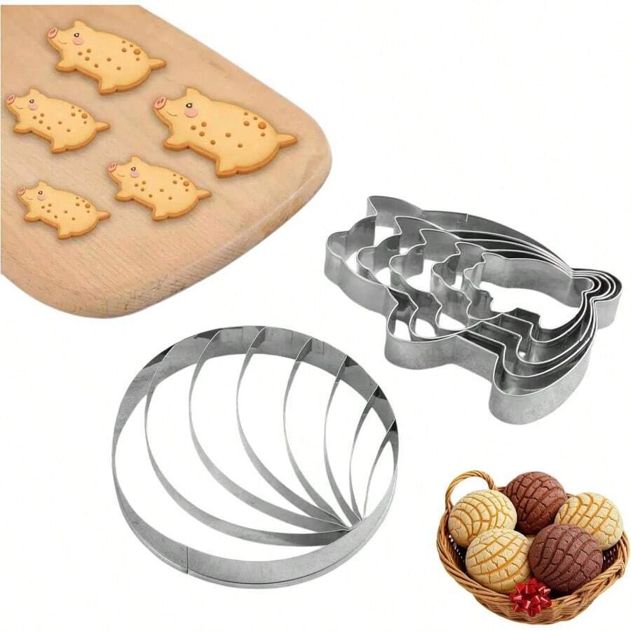 Concha Cutter, Pig Cookie Cutter Mexican, With 5 Sizes Pig Cookie Cutter, Concha Stamp Stainless Steel Shaped Cake Ring Mold Biscuit, Mexican Baking Supplies Baking Lover - Silver - View 1