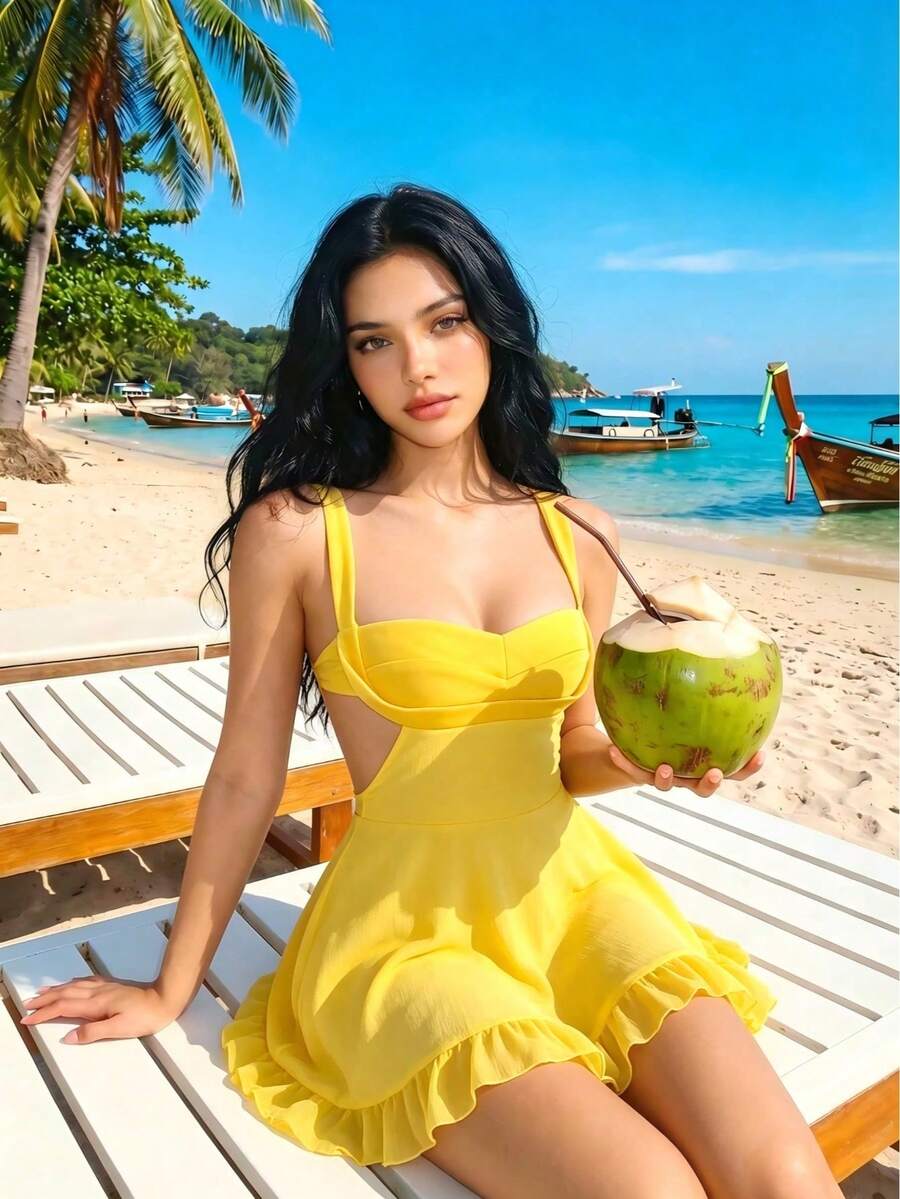 sdfsdVestido holgado con escote descubierto y superposición de malla, con efecto deslumbrante y favorecedordfca UGHV - Amarillo - Ver 1