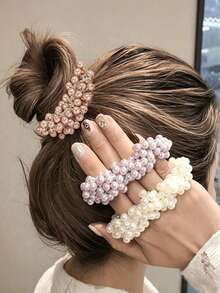 3pcs Sweet And Fresh Faux Pearl Hair Tie With Pearl Bead Hair Accessories, Including Pearl Headband And Hair Ribbon - Multicolor - View 4