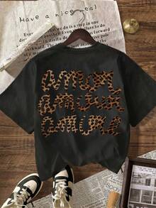 Women's Casual Short Sleeve Crew Neck T-Shirt With Leopard Print "More Love", Autumn, Back To School, Summer Clothing - 黑色 - 查看 1