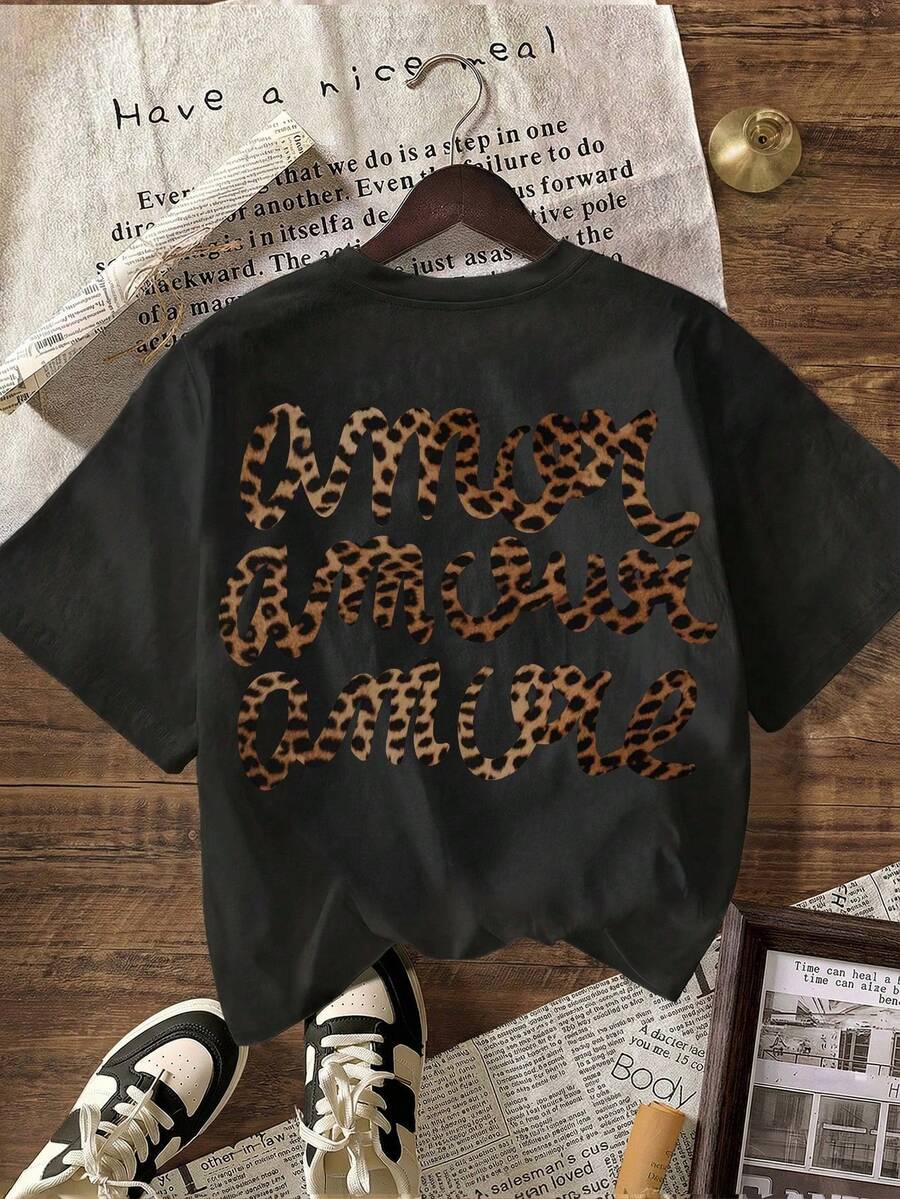 Women's Casual Short Sleeve Crew Neck T-Shirt With Leopard Print "More Love", Autumn, Back To School, Summer Clothing - 黑色 - 查看 1
