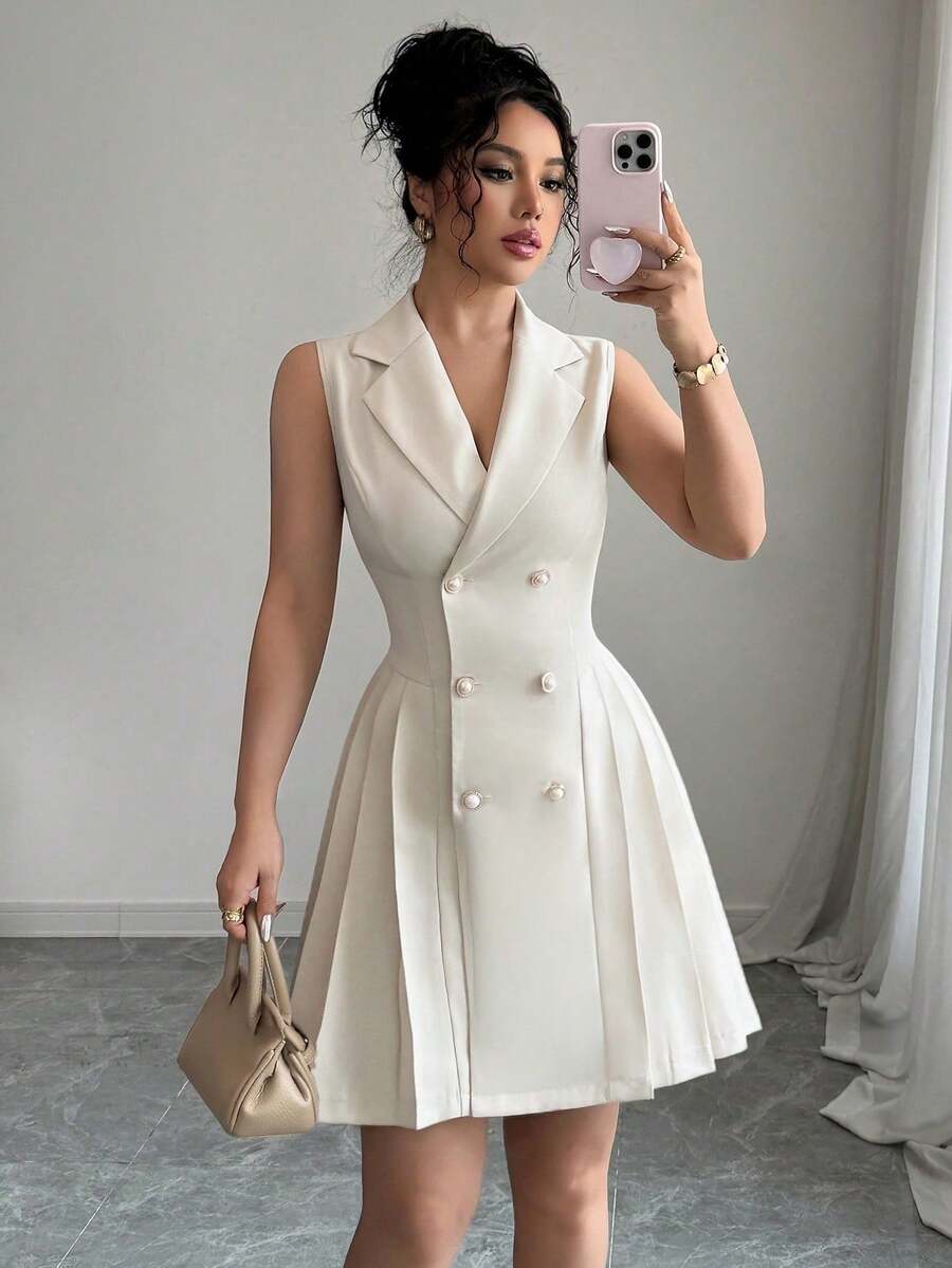 xheRafferiza Vestido elegante sin mangas de unicolor con doble botonadura y pliegues para mujerxhe - Albaricoque - Ver 1