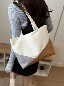 Classic Color Block Shoulder Bag, Minimalist Versatile Large Capacity Tote Bag, Commuter Canvas Handbag, Fashionable - White - View 9