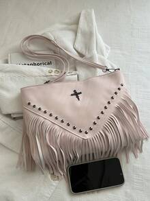 Bolso bandolera de cuero retro de moda, bolso de hombro estilo bohemio con flecos y remaches, cartera cuadrada casual, bolso de mensajero adecuado para viajes y uso diario, bolso bandolera d - Rosa Pálido - Ver 8