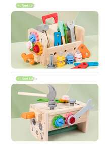 1 Set Wooden Children's Tool Box Toy, Realistic Nut & Bolt Assembly Combination With Hammer, Wrench, Gears, Natural Wood Tool Workbench, Early Education Puzzle Toy To Develop Hands-On Ability - Multicolor - View 6