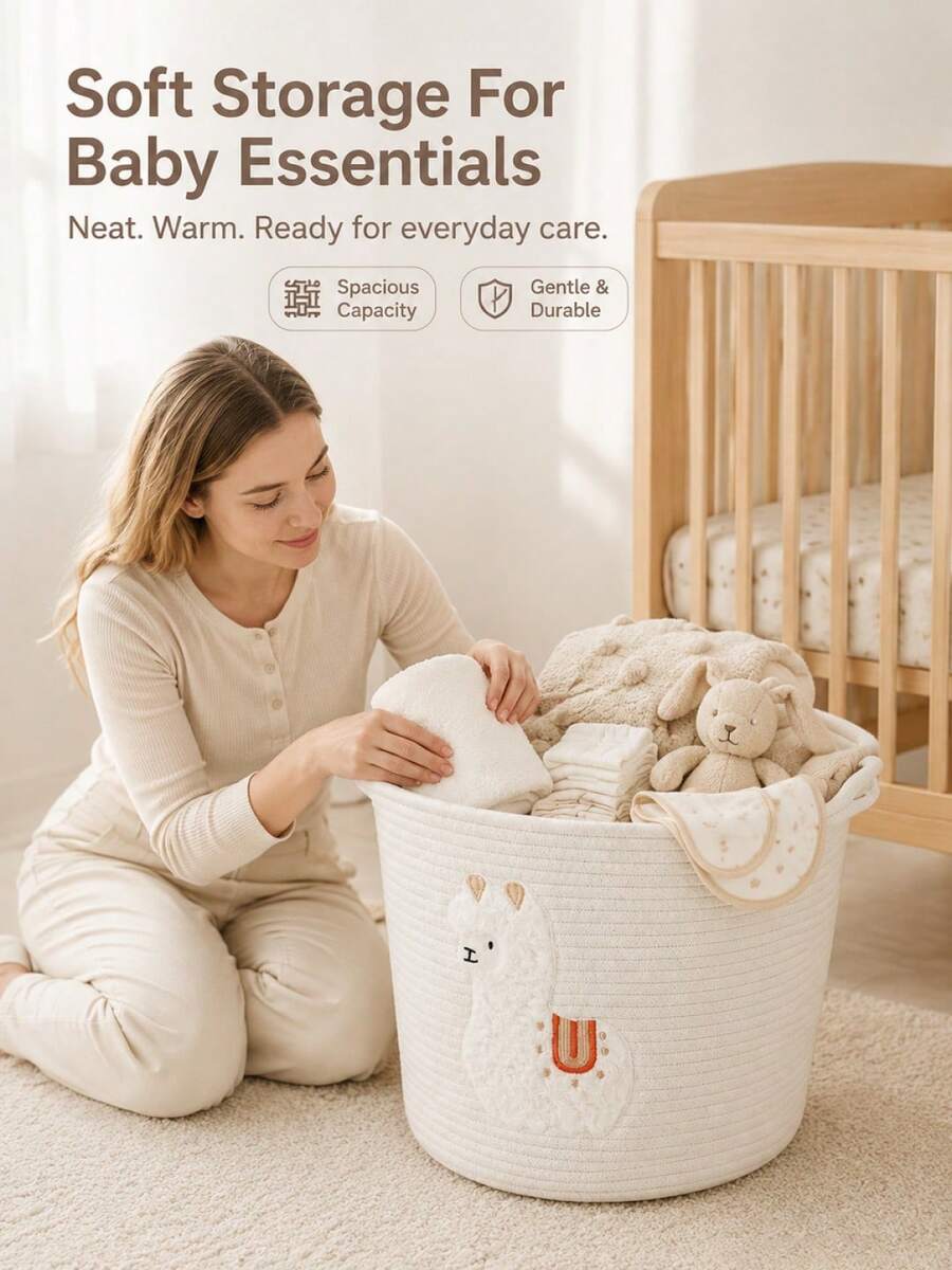 1 buah Keranjang Penyimpanan Alpaca, Keranjang Penyimpanan Bayi Anyaman (Cocok untuk Kamar Bayi), Keranjang Penyimpanan Mainan Lucu dengan Pegangan, Keranjang Penyimpanan Dekorasi Kamar Anak, Cocok untuk Pakaian, Selimut - MultiWarna - View 1